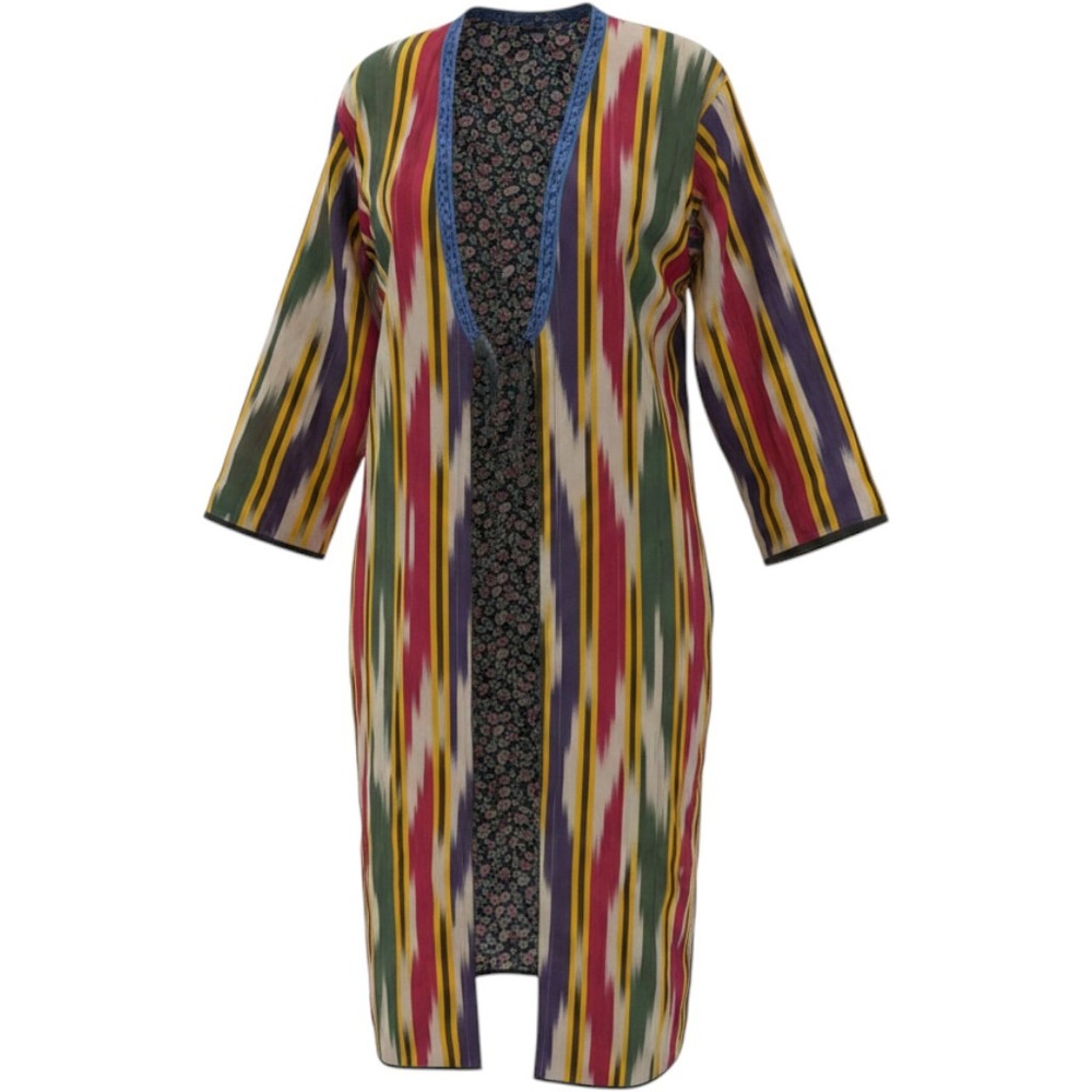 Vintage Style Ikat Print Duster Cardigan Multicolor Floral Lined Long Jacket